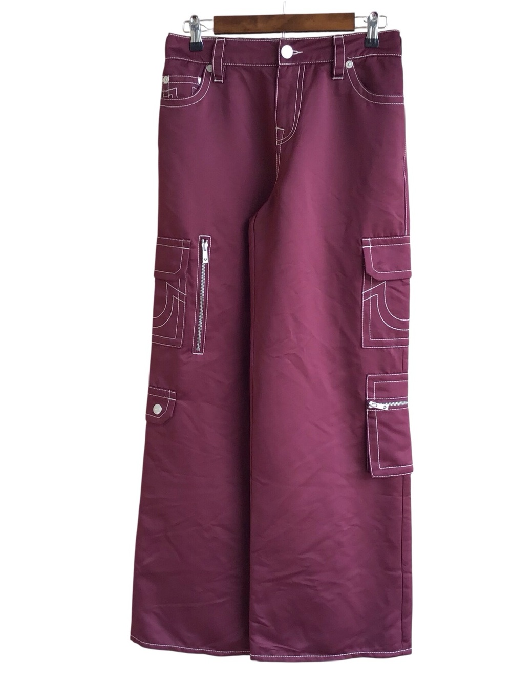 True Religion Wide Leg Cargo Pants in Burgundy NEW
